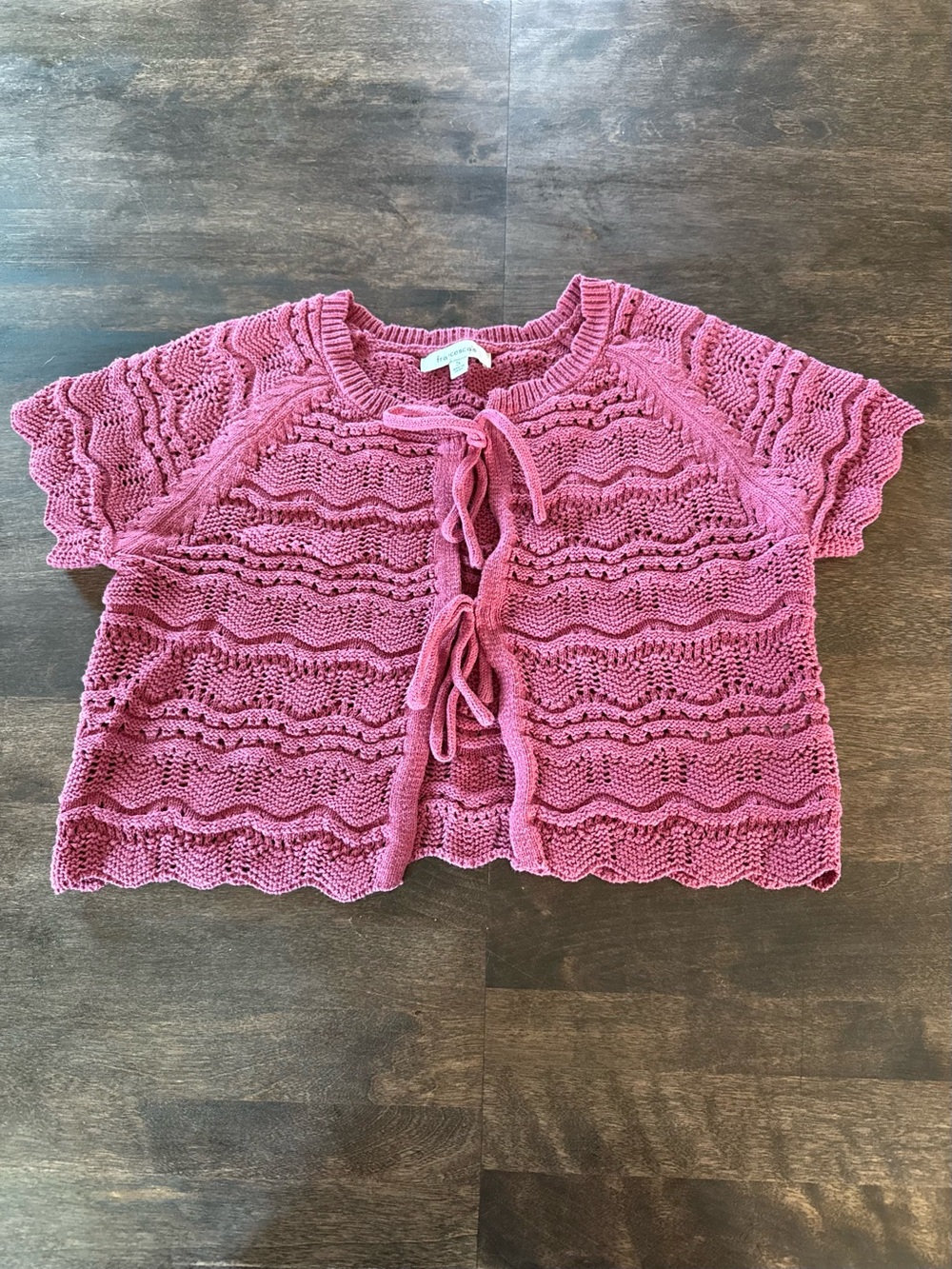 Francesca Lana Tie Front Pointelle Sweater Tee Rose Pink Tie-Front Knit